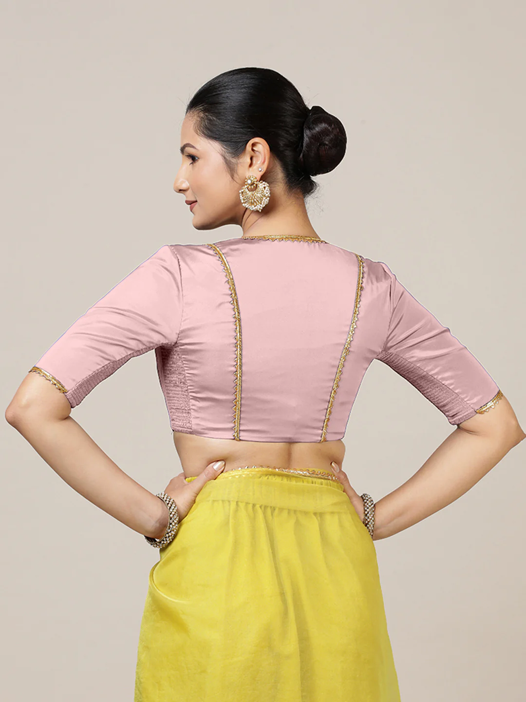 Begum x Tyohaar | Elbow Sleeves Baby Pink FlexiFit™ Gota Embellished Saree Blouse with V-Neck - Image 2