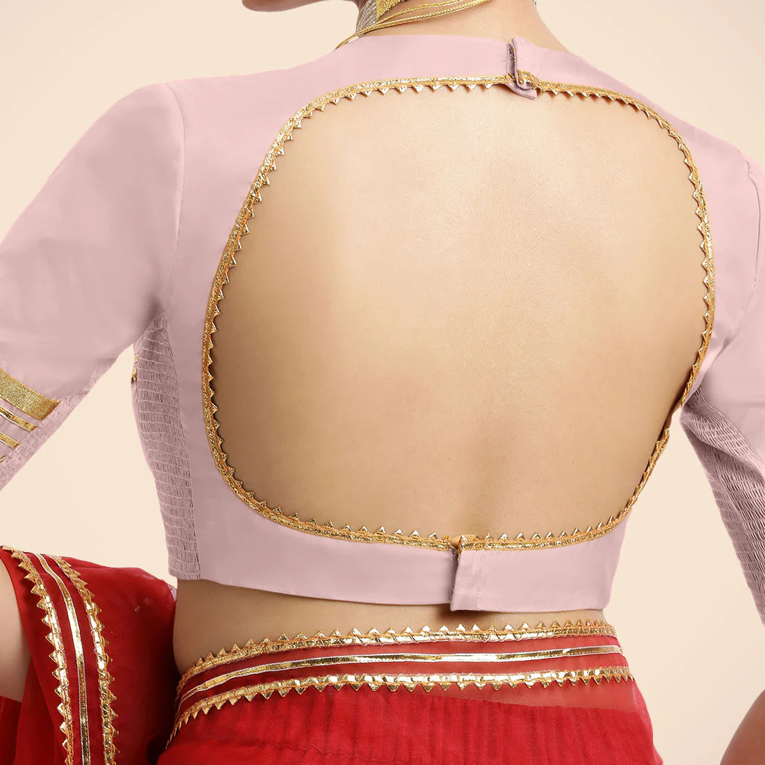 Farheen x Tyohaar | Elbow Sleeves Baby Pink FlexiFit™ Gota Embellished Saree Blouse with Jewel Neck - Image 4
