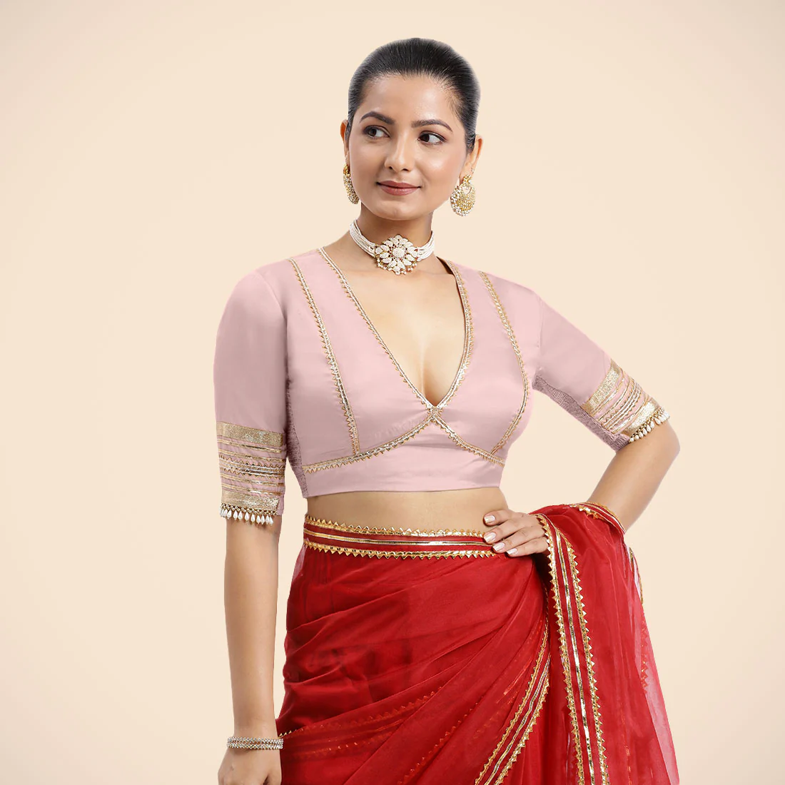 Nafeeza x Tyohaar | Elbow Sleeves Baby Pink FlexiFit™ Gota Embellished Saree Blouse with Plunging V-Neck