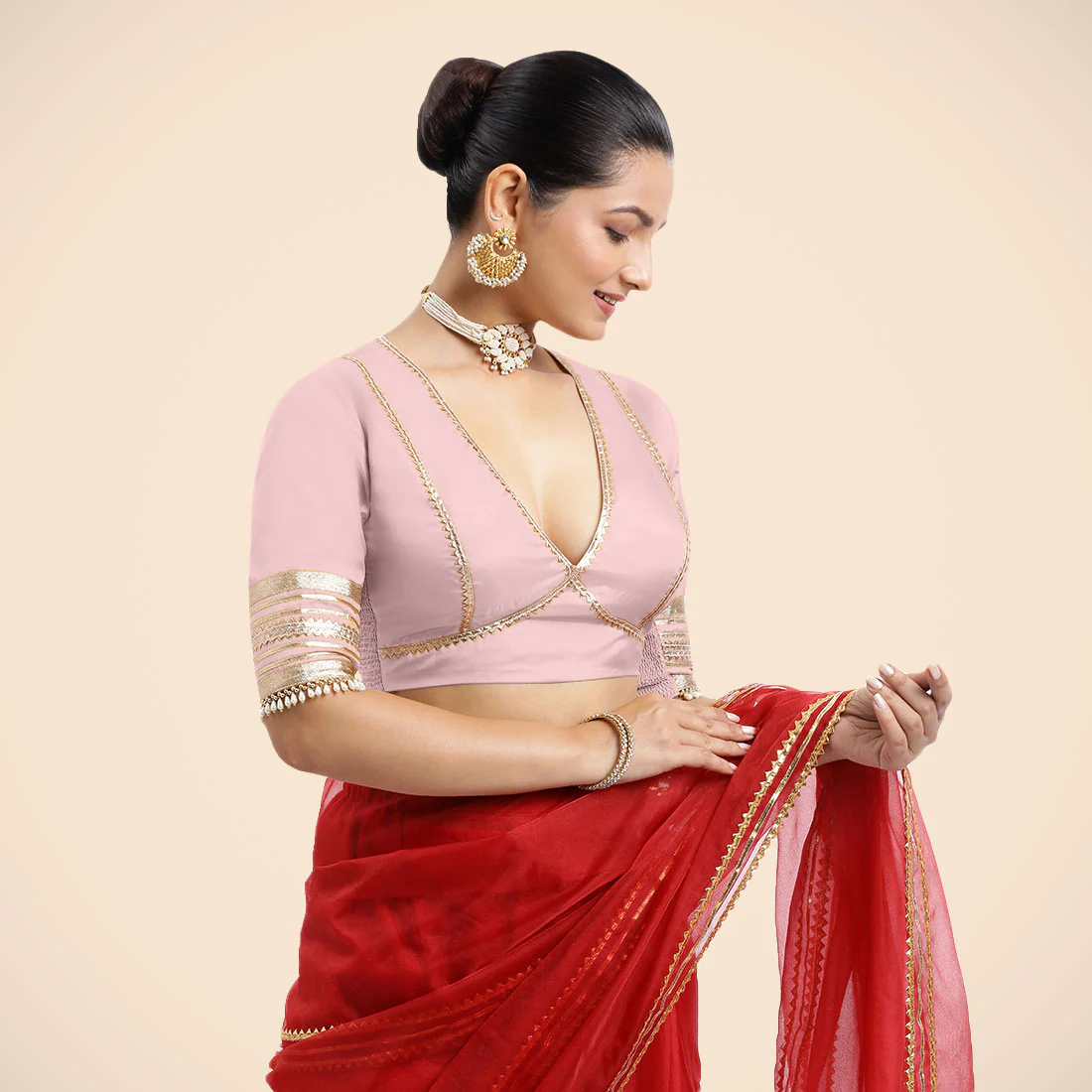 Nafeeza x Tyohaar | Elbow Sleeves Baby Pink FlexiFit™ Gota Embellished Saree Blouse with Plunging V-Neck - Image 12