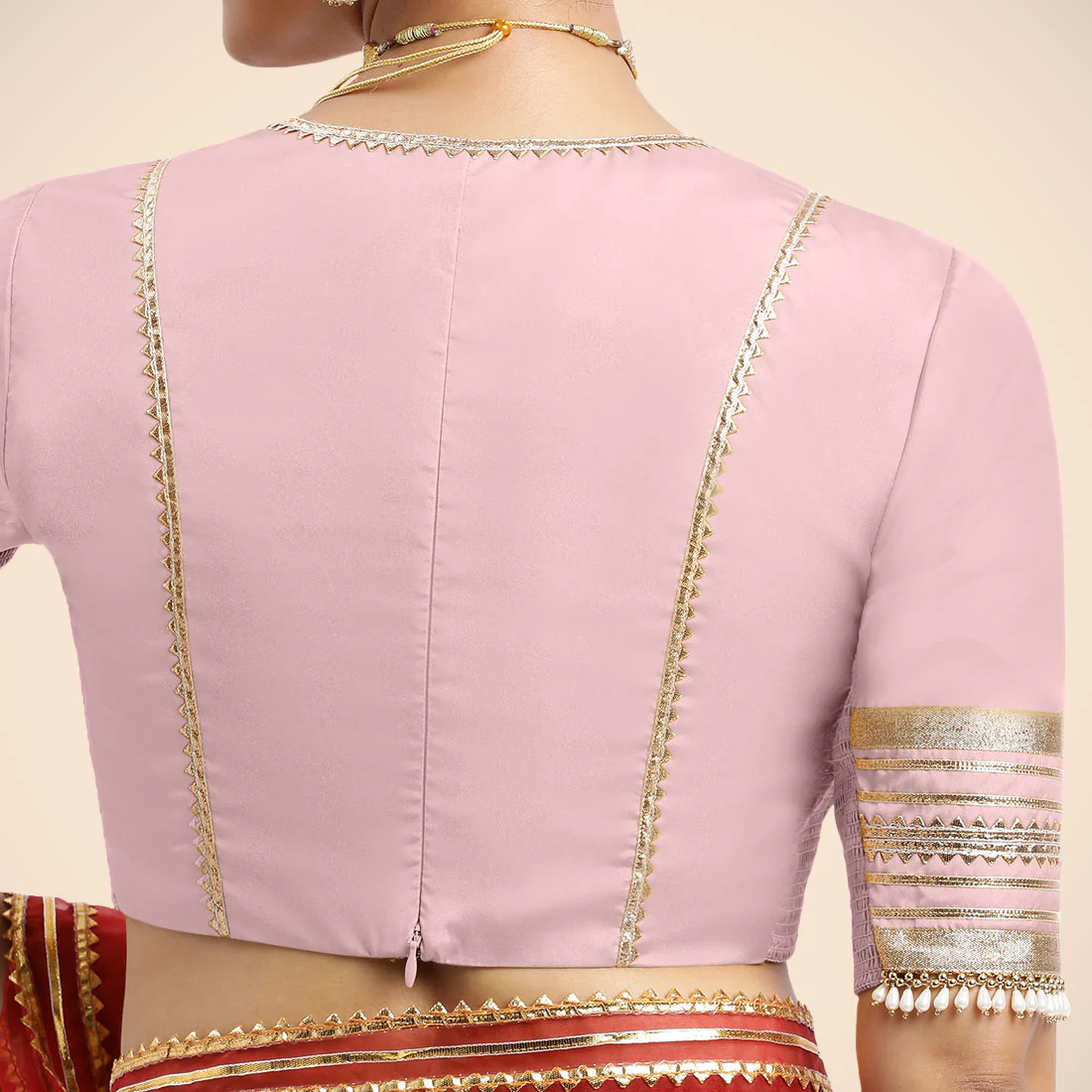 Nafeeza x Tyohaar | Elbow Sleeves Baby Pink FlexiFit™ Gota Embellished Saree Blouse with Plunging V-Neck - Image 2