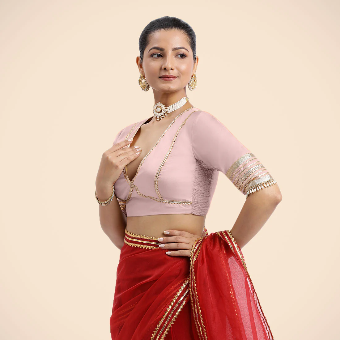 Nafeeza x Tyohaar | Elbow Sleeves Baby Pink FlexiFit™ Gota Embellished Saree Blouse with Plunging V-Neck - Image 8