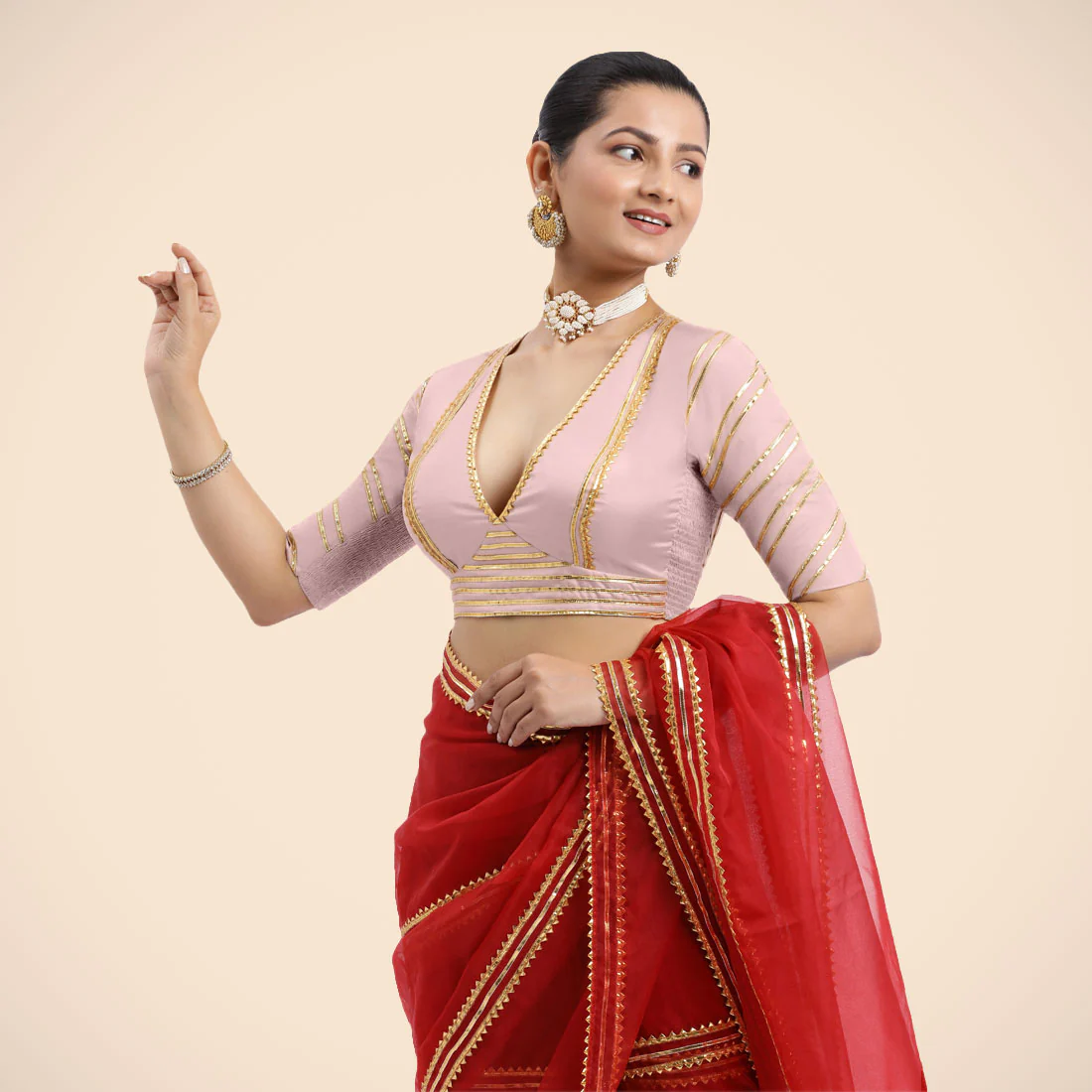 Navya x Tyohaar | Elbow Sleeves Baby Pink FlexiFit™ Gota Embellished Saree Blouse with Plunging V-Neck - Image 7