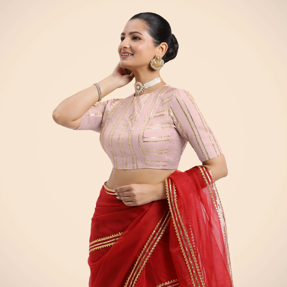 Shaheen x Tyohaar | Elbow Sleeves Baby Pink FlexiFit™ Gota Embellished Saree Blouse with Jewel Neck - Image 10