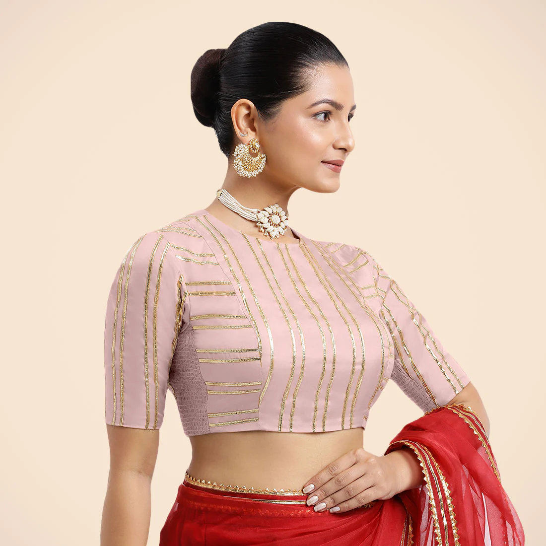 Shaheen x Tyohaar | Elbow Sleeves Baby Pink FlexiFit™ Gota Embellished Saree Blouse with Jewel Neck - Image 11