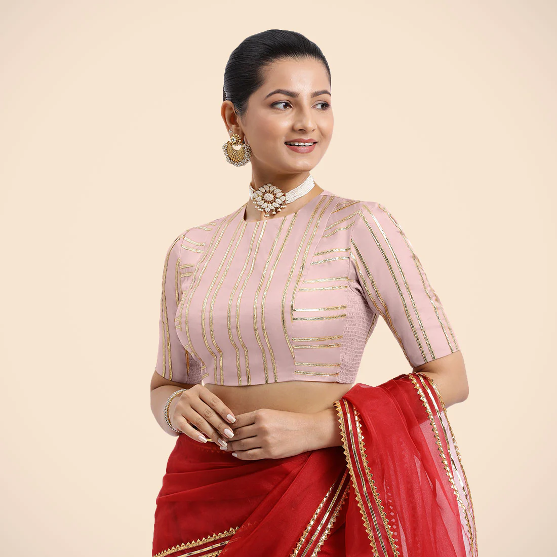 Shaheen x Tyohaar | Elbow Sleeves Baby Pink FlexiFit™ Gota Embellished Saree Blouse with Jewel Neck - Image 8