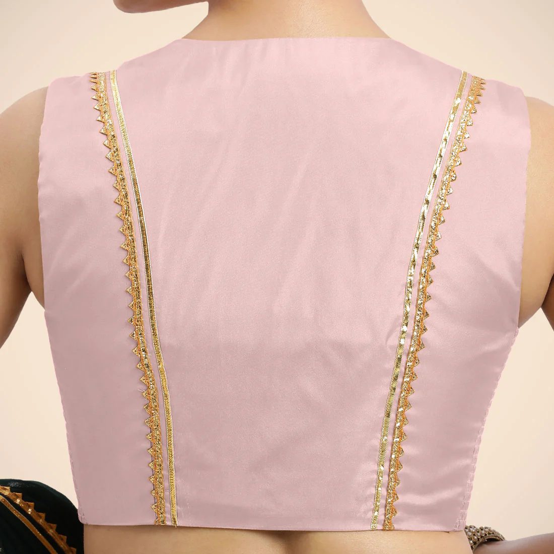 Veena x Tyohaar | Sleeveless Baby Pink FlexiFit™Gota Embellished Saree Blouse with Curved V-Neck - Image 5