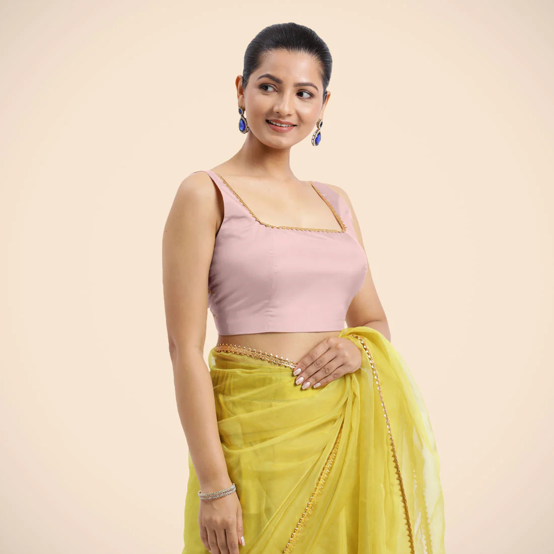 Zeba x Tyohaar | Sleeveless Baby Pink FlexiFit™ Gota Embellished Saree Blouse with Square Neck - Image 9
