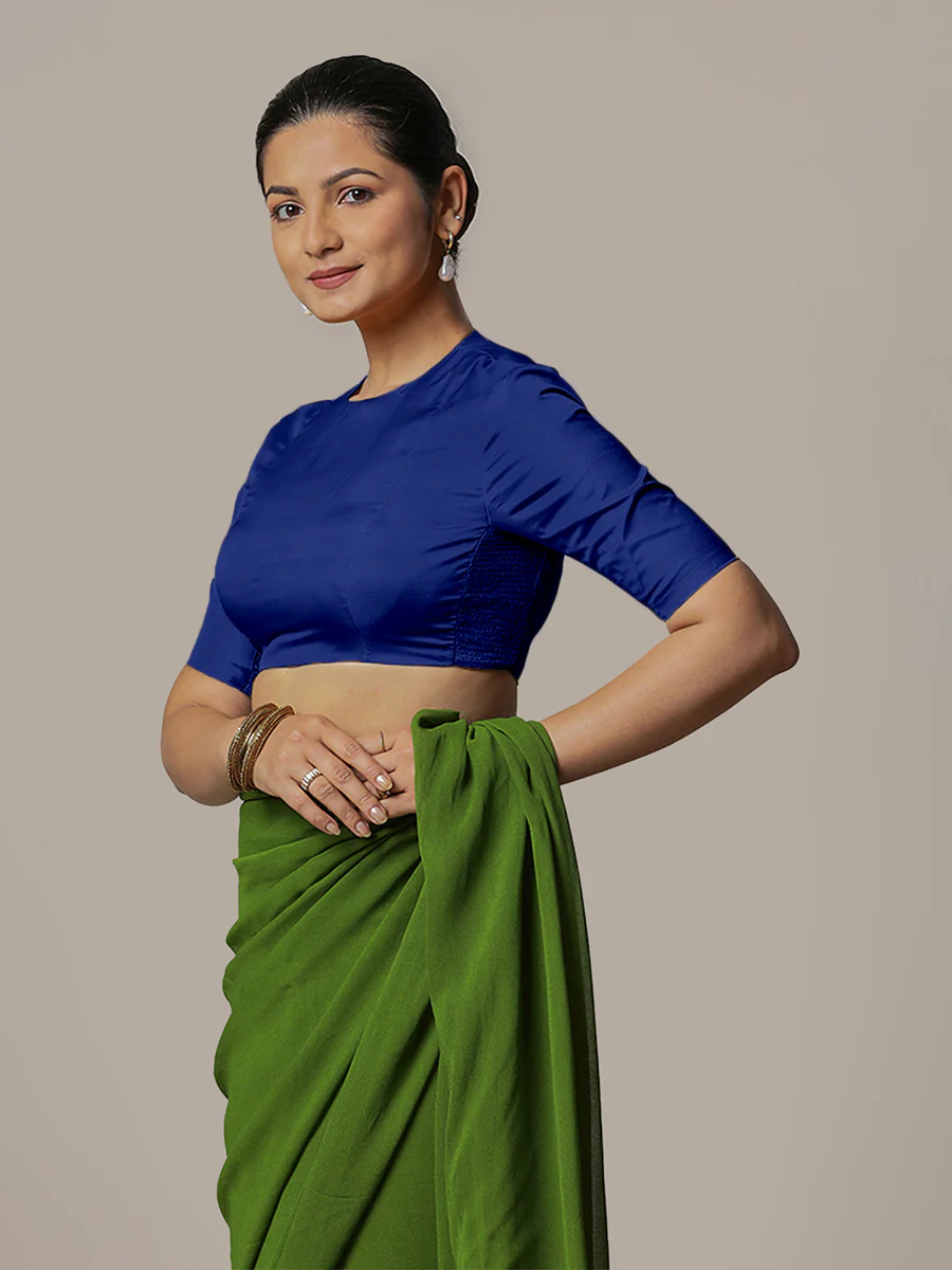 Myra x Rozaana | Cobalt Blue Backless Saree Blouse w/ FlexiFit™ - Image 6
