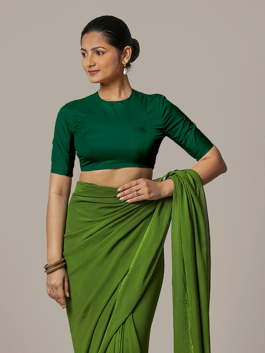 Myra x Rozaana | Bottle Green Backless Saree Blouse w/ FlexiFit™ - Image 6