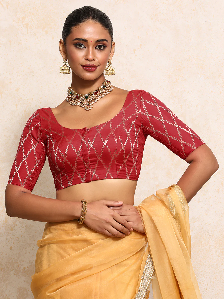 Kumkum x Tyohaar | Elbow Sleeves Saree Blouse in Berry Red Vine Mesh Brocade - Image 7