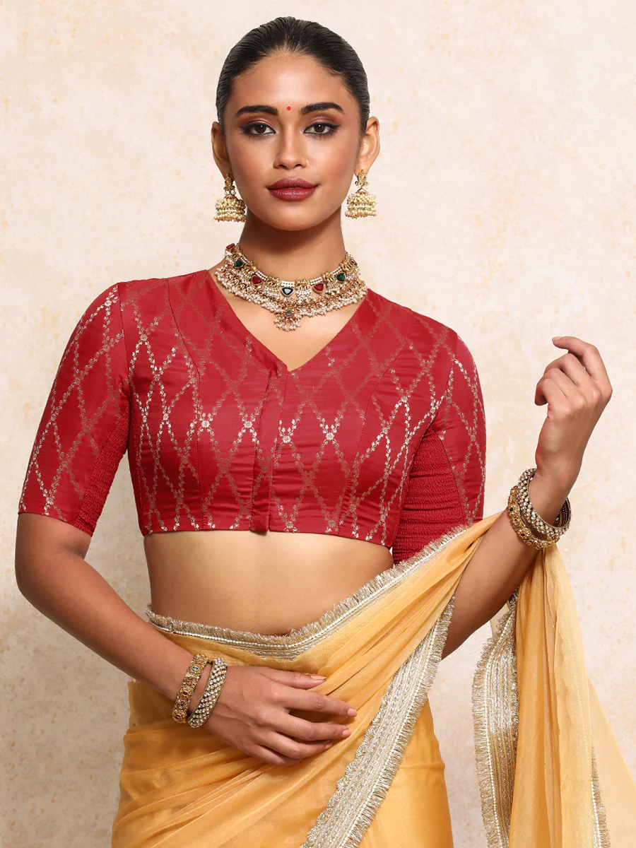 Manisha x Tyohaar | Elbow Sleeves Saree Blouse in Berry Red Vine Mesh Brocade - Image 10