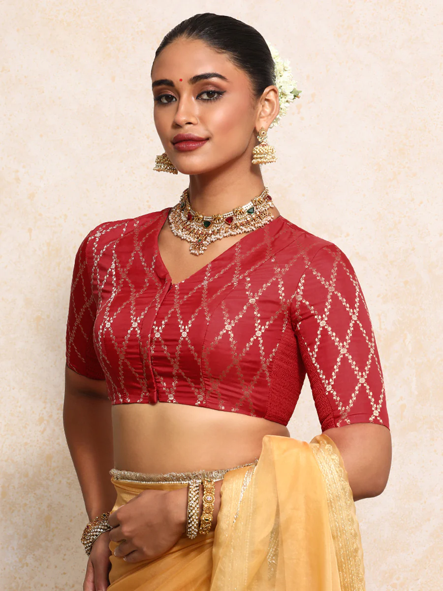 Manisha x Tyohaar | Elbow Sleeves Saree Blouse in Berry Red Vine Mesh Brocade - Image 14