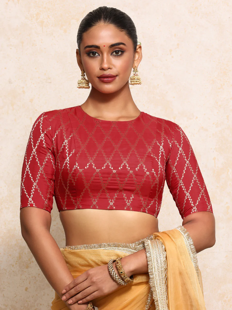 Reena x Tyohaar | Elbow Sleeves Saree Blouse in Berry Red Vine Mesh Brocade - Image 5
