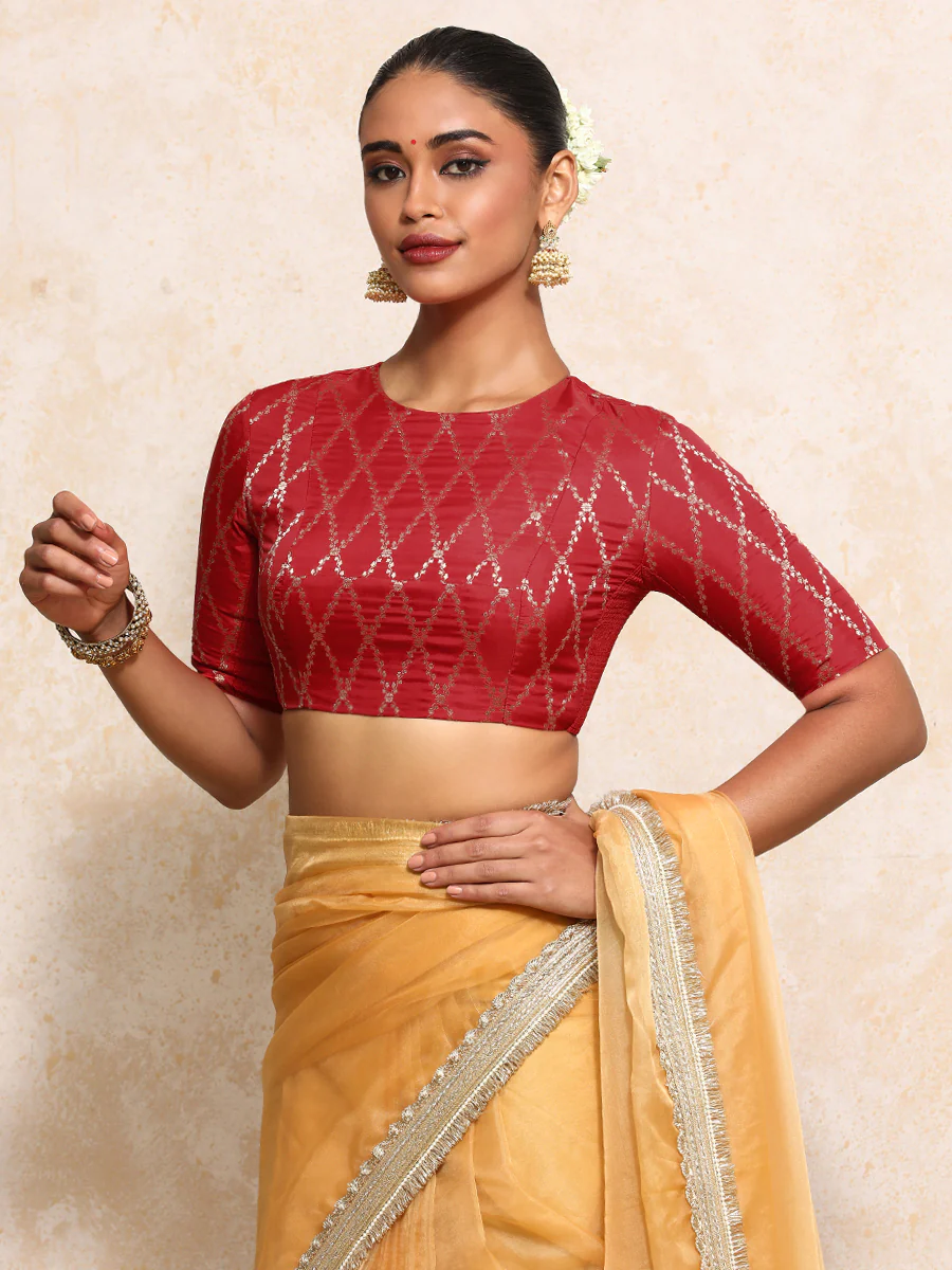 Reena x Tyohaar | Elbow Sleeves Saree Blouse in Berry Red Vine Mesh Brocade - Image 8