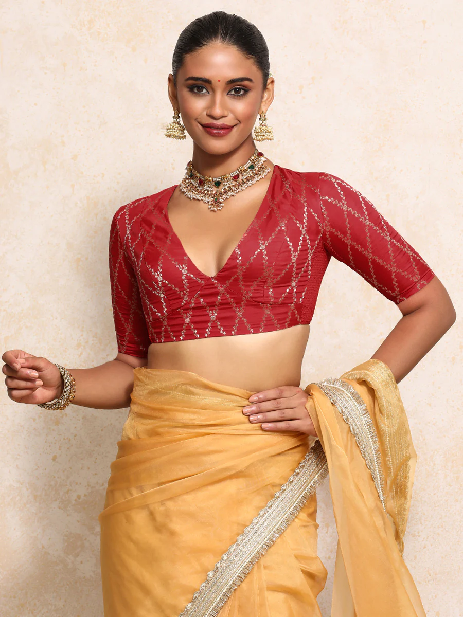 Rubani x Tyohaar | Elbow Sleeves Saree Blouse in Berry Red Vine Mesh Brocade