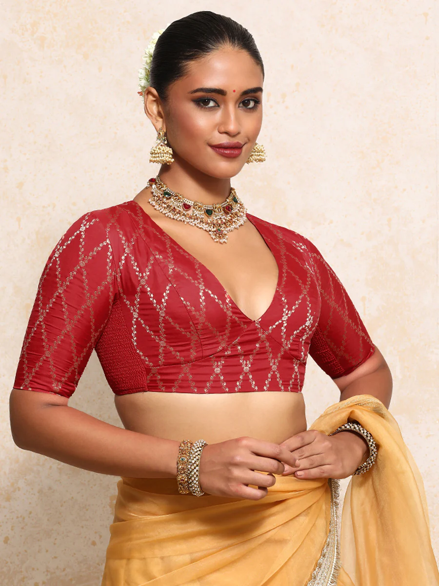 Rubani x Tyohaar | Elbow Sleeves Saree Blouse in Berry Red Vine Mesh Brocade - Image 13