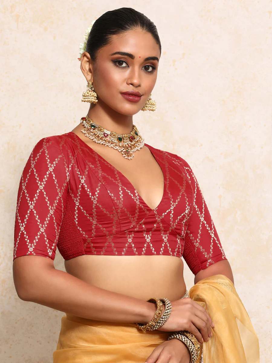 Rubani x Tyohaar | Elbow Sleeves Saree Blouse in Berry Red Vine Mesh Brocade - Image 15