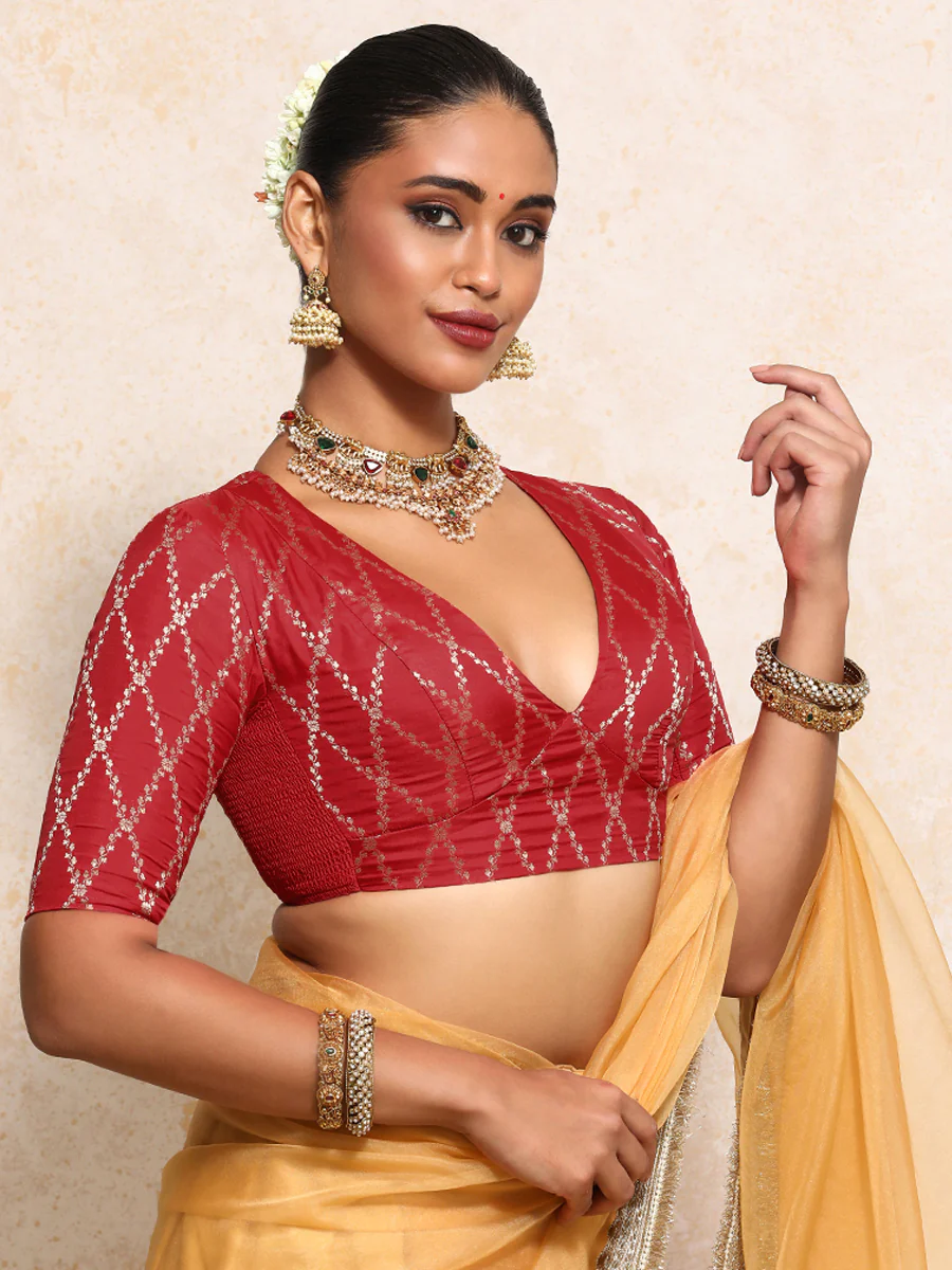 Rubani x Tyohaar | Elbow Sleeves Saree Blouse in Berry Red Vine Mesh Brocade - Image 16