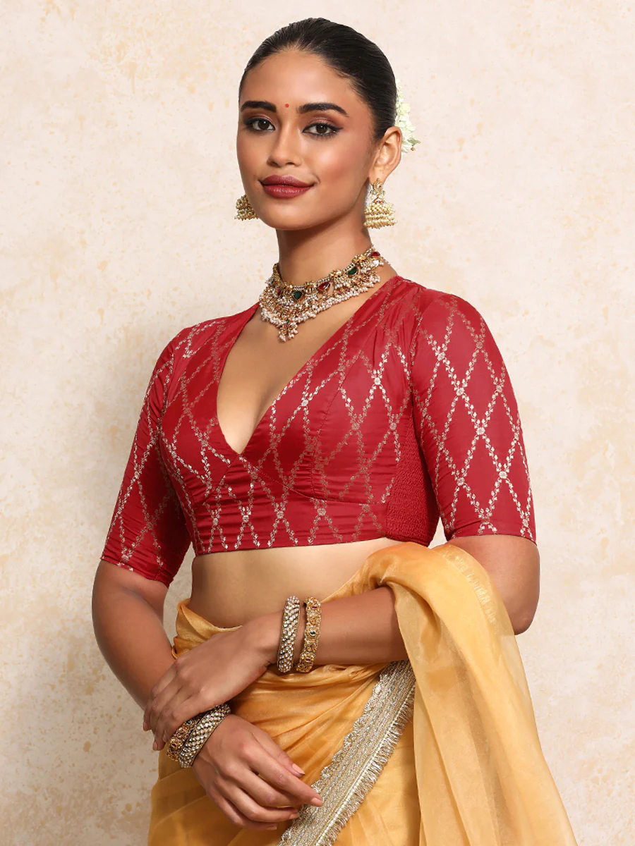 Rubani x Tyohaar | Elbow Sleeves Saree Blouse in Berry Red Vine Mesh Brocade - Image 9