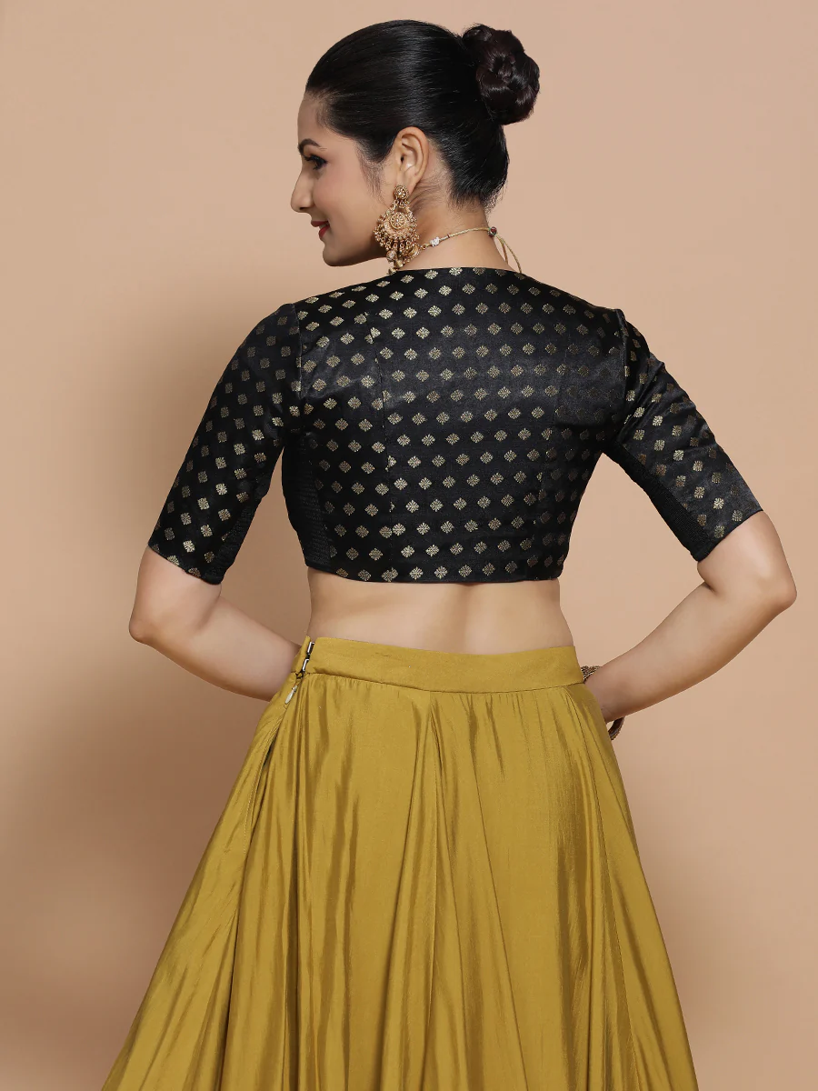 Kaya x Tyohaar | Elbow Sleeves Satin Viscose Saree Blouse in Black Butta Fabric - Image 2
