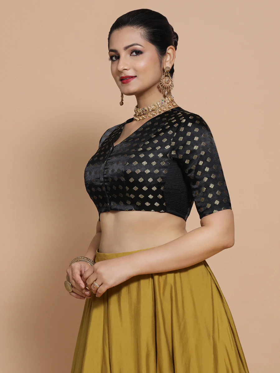 Kaya x Tyohaar | Elbow Sleeves Satin Viscose Saree Blouse in Black Butta Fabric - Image 6