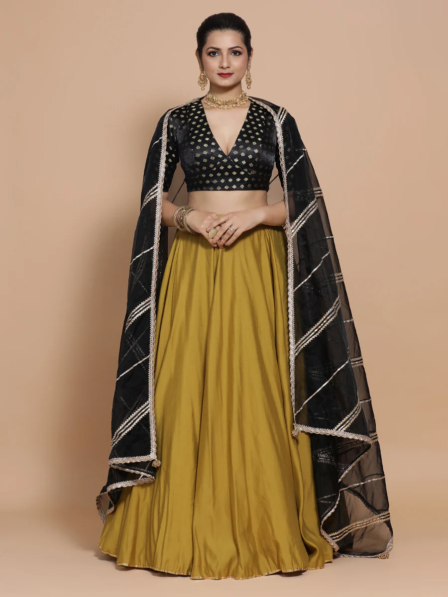 Nida x Tyohaar | Elbow Sleeves Satin Viscose Saree Blouse in Black Butta Fabric - Image 14