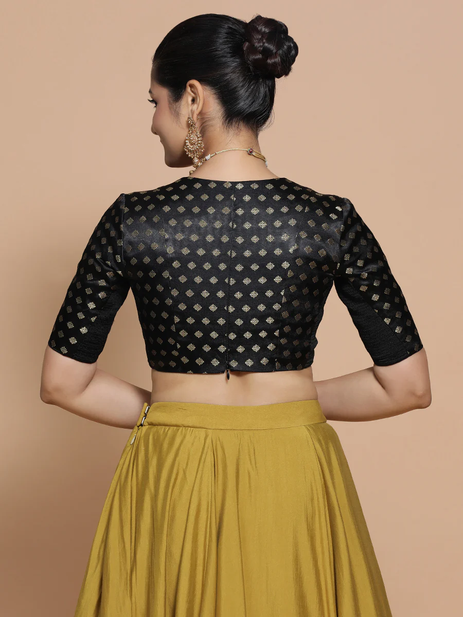 Nida x Tyohaar | Elbow Sleeves Satin Viscose Saree Blouse in Black Butta Fabric - Image 2