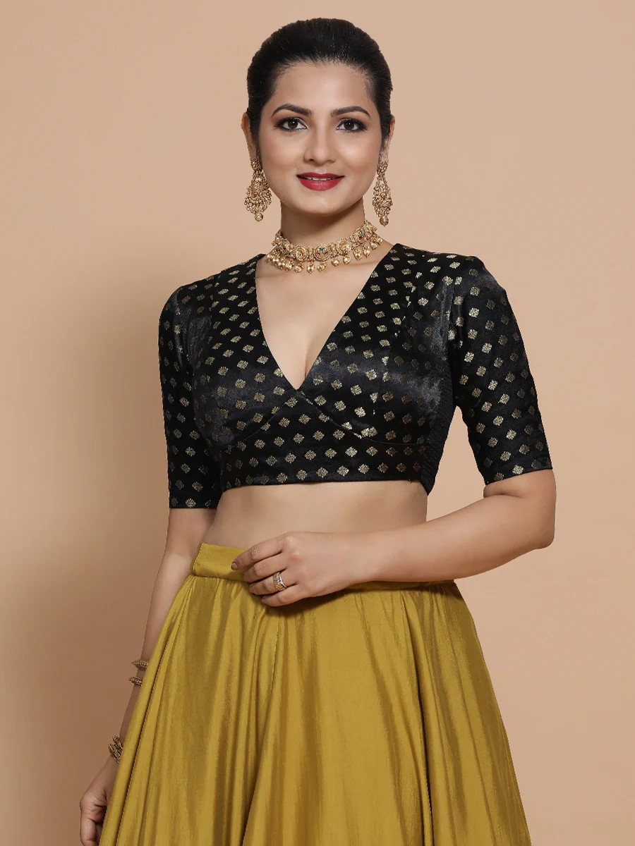 Nida x Tyohaar | Elbow Sleeves Satin Viscose Saree Blouse in Black Butta Fabric - Image 4