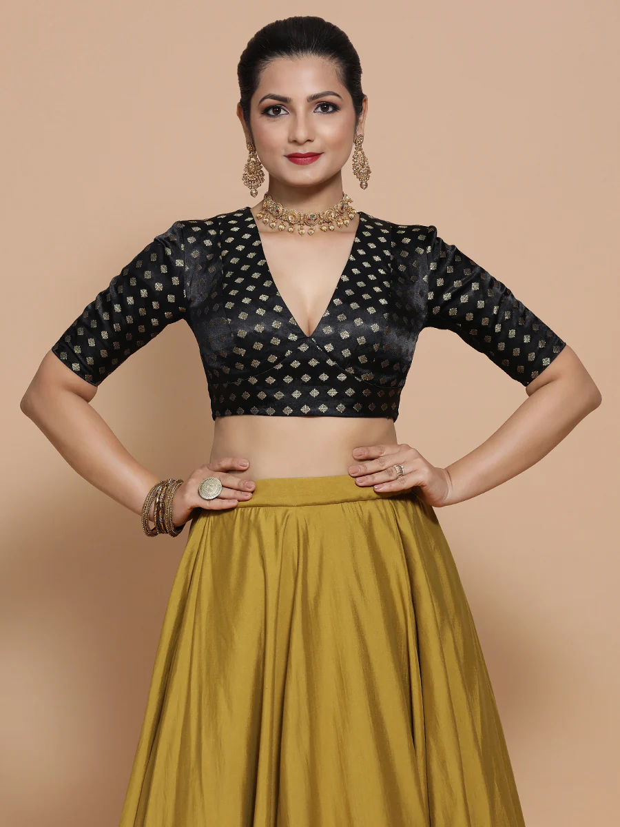 Nida x Tyohaar | Elbow Sleeves Satin Viscose Saree Blouse in Black Butta Fabric - Image 9