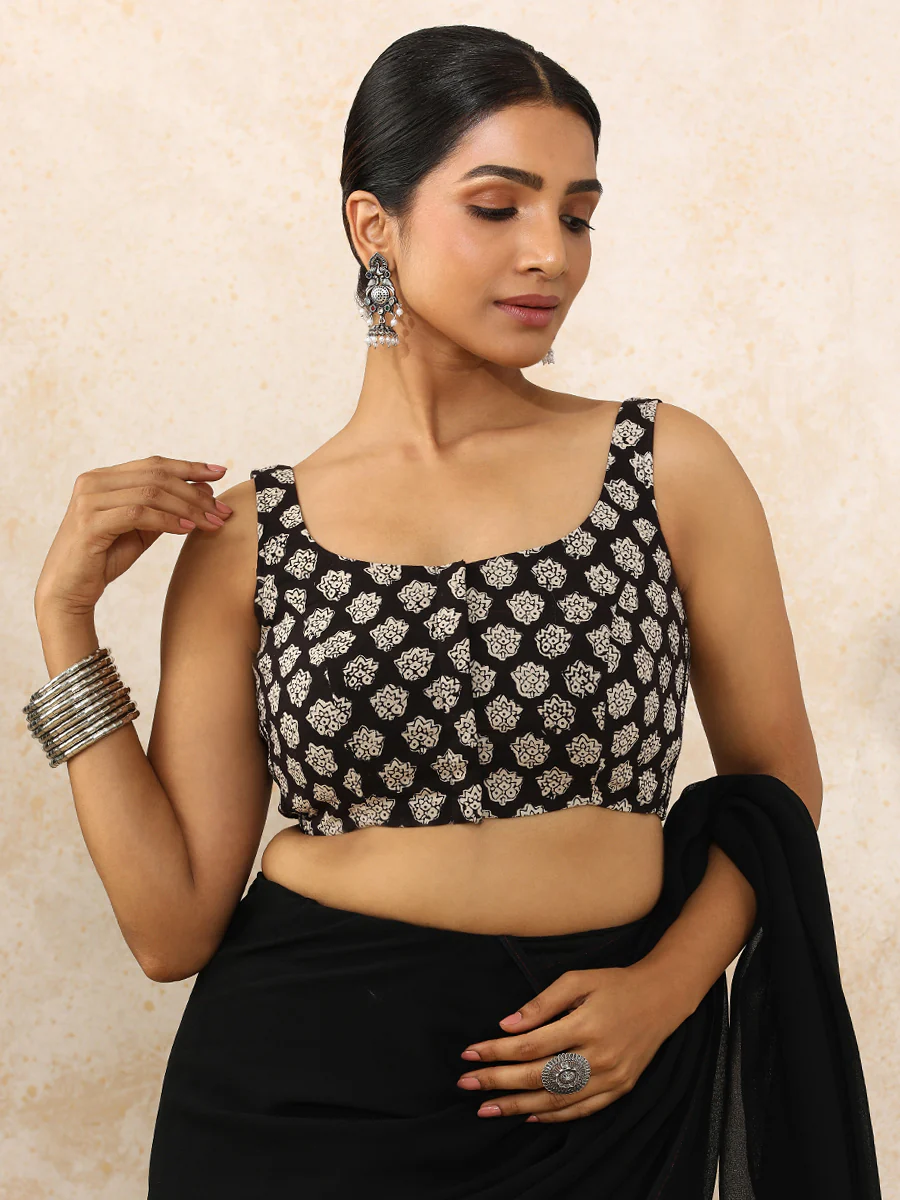 Kavitha x Rozaana | Sleeveless Saree Blouse in Black Floral Block Print Cotton - Image 10