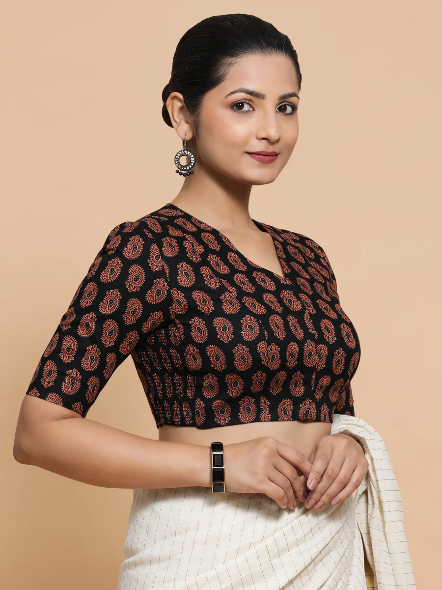 Ishani x Rozaana | Elbow Sleeves Cotton Saree Blouse in Black Mango Block Print Fabric - Image 11