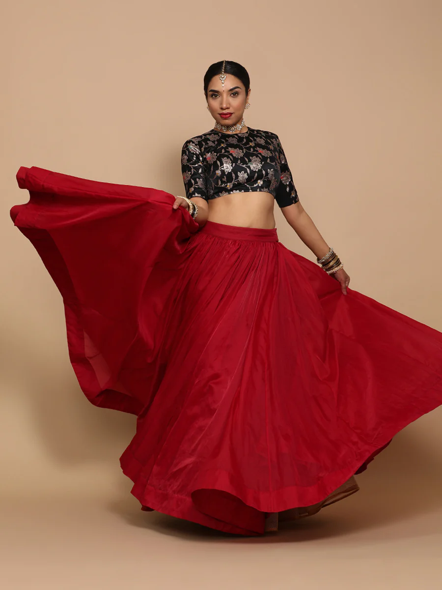 Ridhi x Tyohaar | Elbow Sleeves Satin Viscose Saree Blouse in Black Meenakari Fabric - Image 7