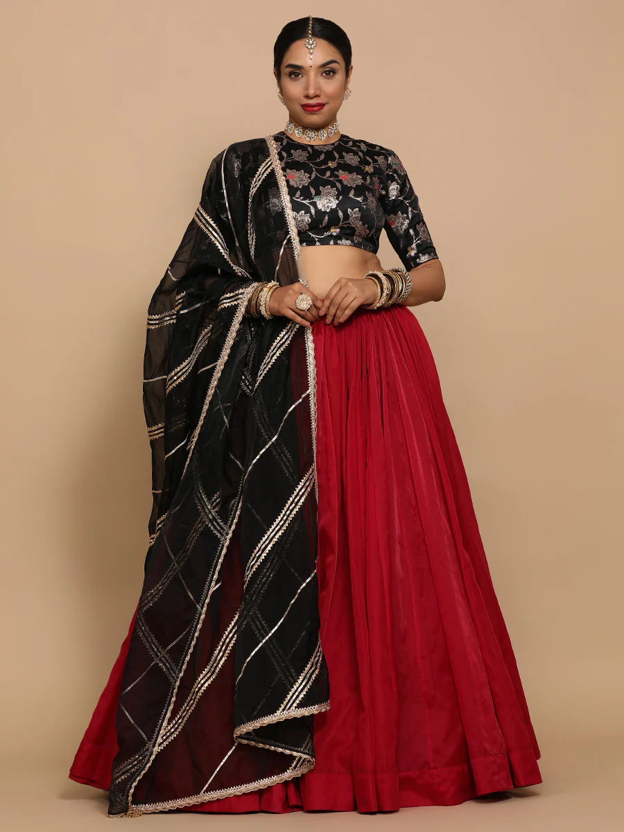 Ridhi x Tyohaar | Elbow Sleeves Satin Viscose Saree Blouse in Black Meenakari Fabric - Image 9