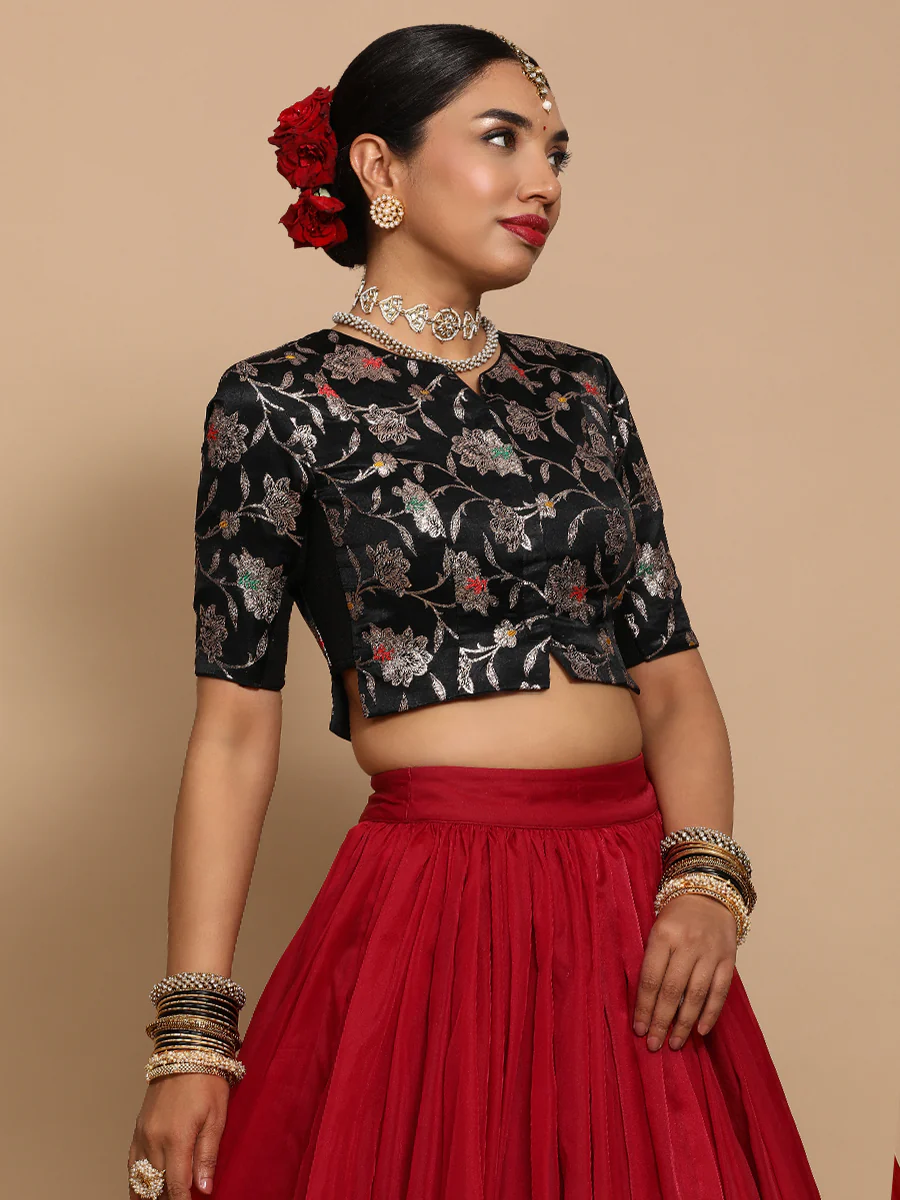 Riyana x Tyohaar | Elbow Sleeves Satin Viscose Saree Blouse in Black Meenakari Fabric - Image 10
