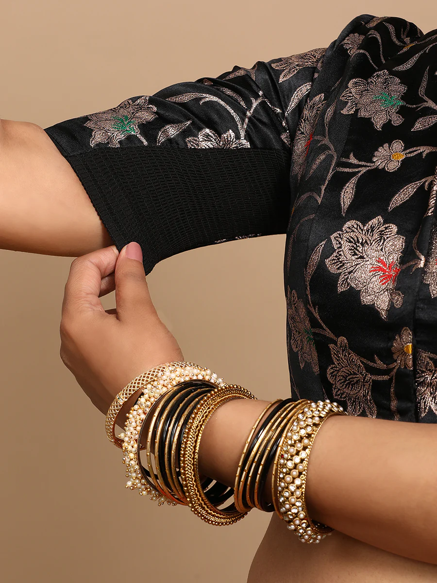 Vani x Tyohaar | Elbow Sleeves Satin Viscose Saree Blouse in Black Meenakari Fabric - Image 4