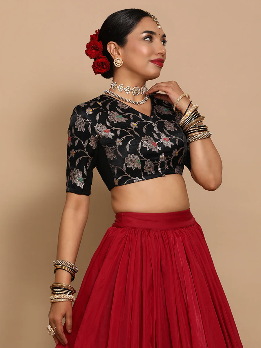 Vani x Tyohaar | Elbow Sleeves Satin Viscose Saree Blouse in Black Meenakari Fabric - Image 7