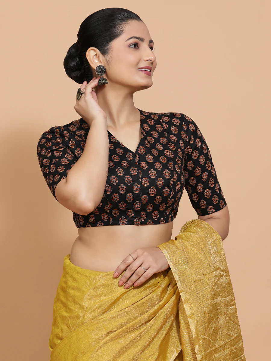 Gayatri x Rozaana | Elbow Sleeves Cotton Saree Blouse in Black Peacock Block Print Fabric