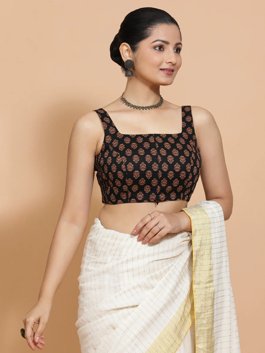 Lipi x Rozaana | Sleeveless Cotton Saree Blouse in Black Peacock Block Print Fabric - Image 9