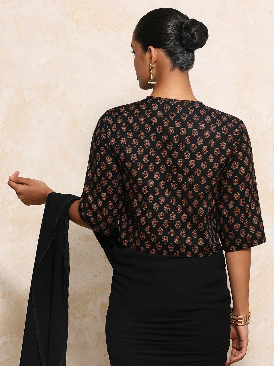 Aarohi x Rozaana | Elbow Sleeves Saree Blouse in Black Peacock Block Print Cotton - Image 11