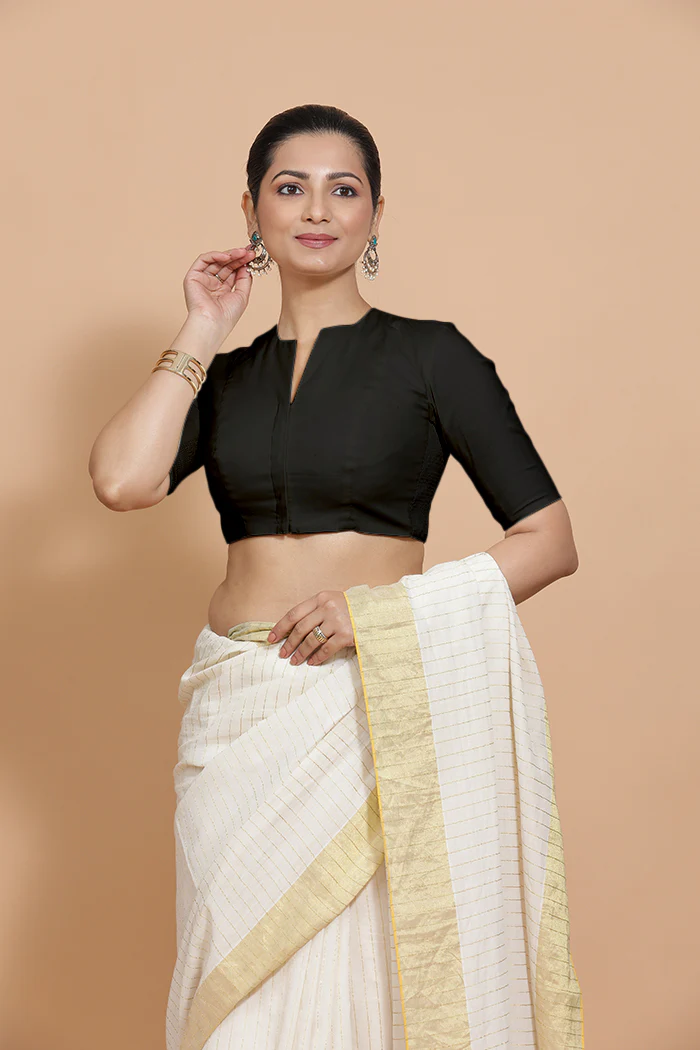 Ananya x Rozaana | Round Neck Black Plain Cotton Saree Blouse - Image 9