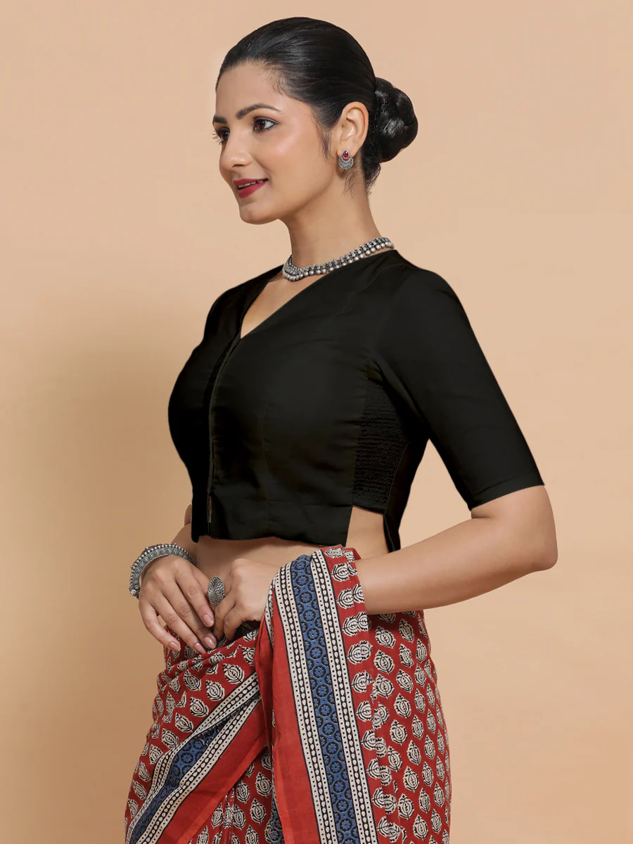 Chaya x Rozaana | V-Neck Black Plain Cotton Saree Blouse - Image 9