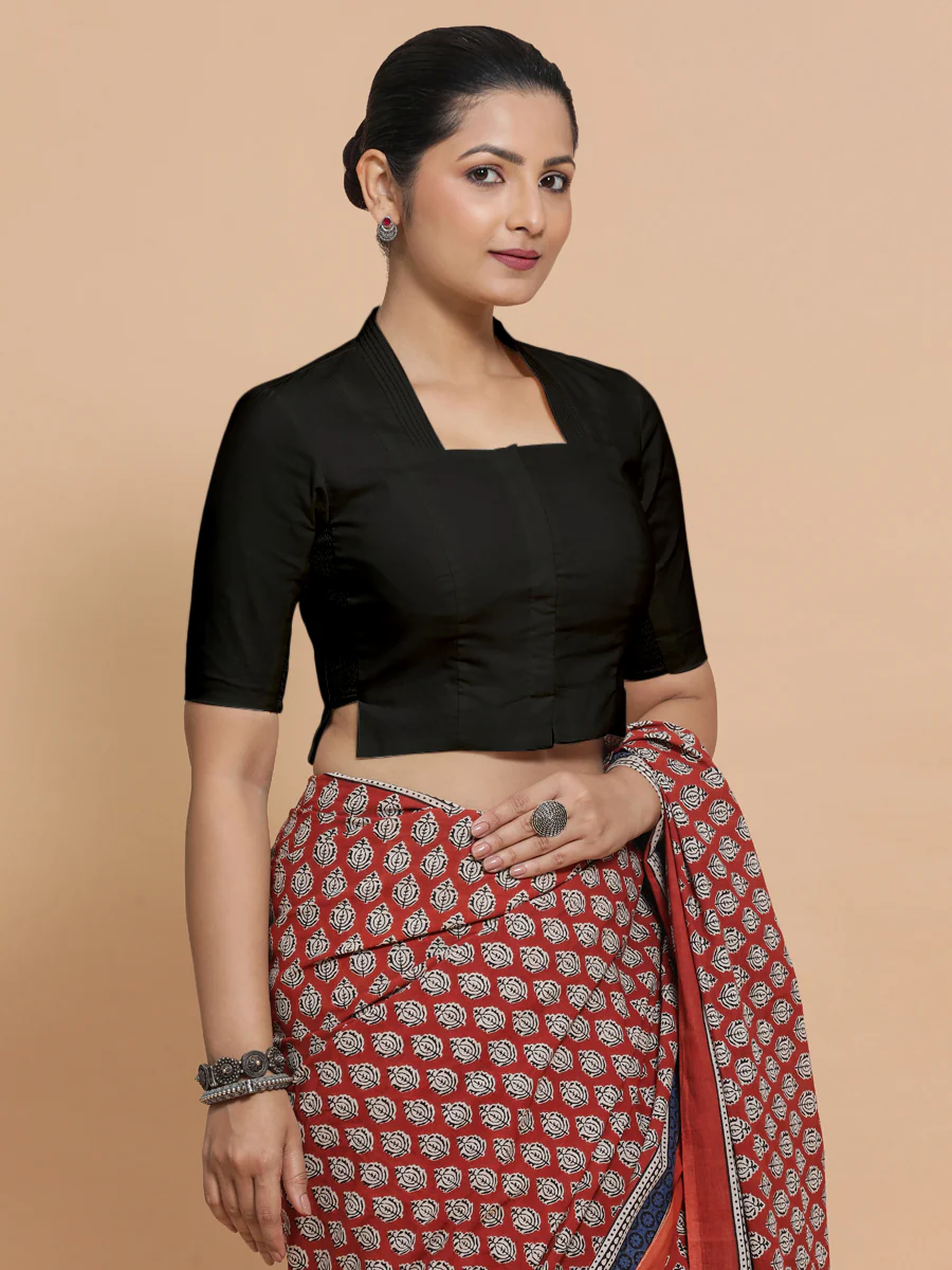 Ganga x Rozaana | Stylised Neck Black Plain Cotton Saree Blouse - Image 7