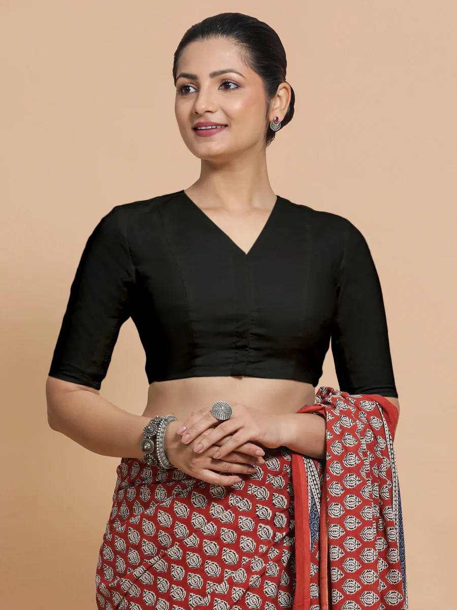 Garima x Rozaana | V-Neck Black Plain Cotton Saree Blouse - Image 10