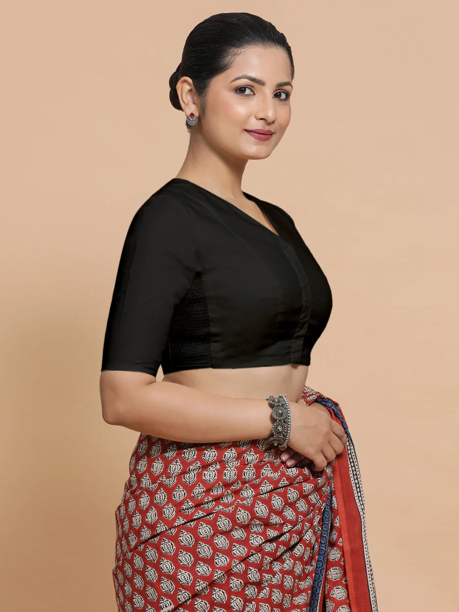 Garima x Rozaana | V-Neck Black Plain Cotton Saree Blouse - Image 8
