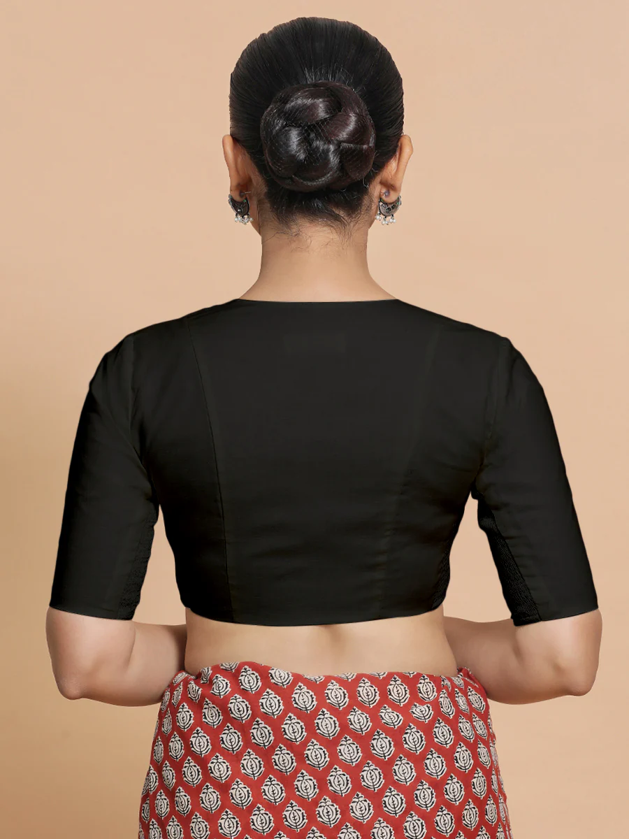 Koel x Rozaana | Round Neck Black Plain Cotton Saree Blouse - Image 2