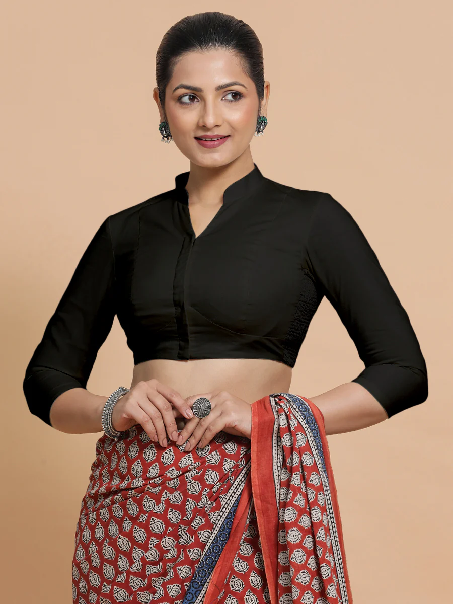 Minal x Rozaana | Mandarin Collar Black Plain Cotton Saree Blouse - Image 7