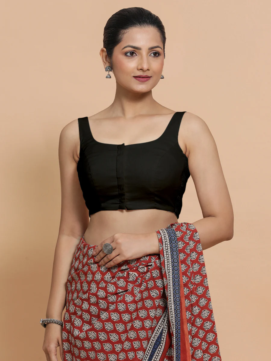 Mohini x Rozaana | Round Neck Black Plain Cotton Saree Blouse - Image 5