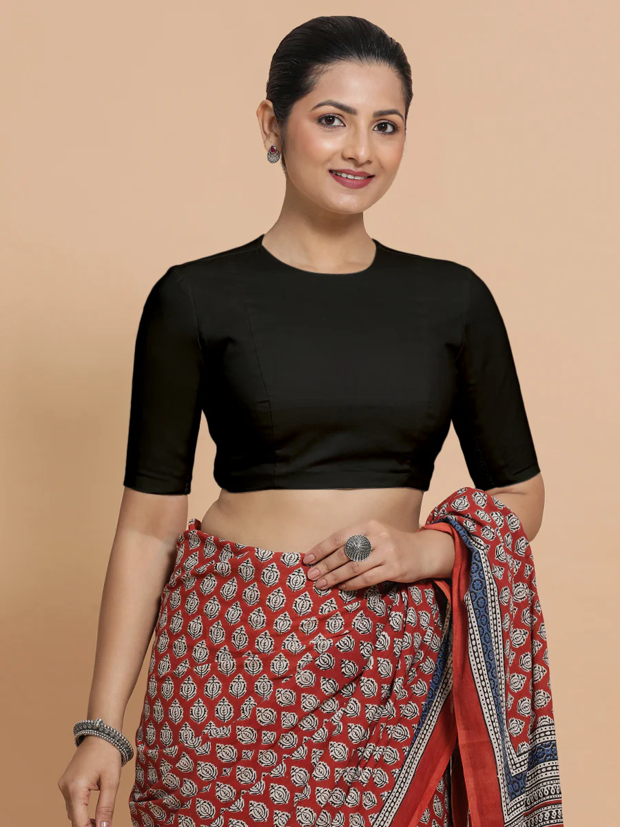 Suhana x Rozaana | Jewel Neck Black Plain Cotton Saree Blouse - Image 9