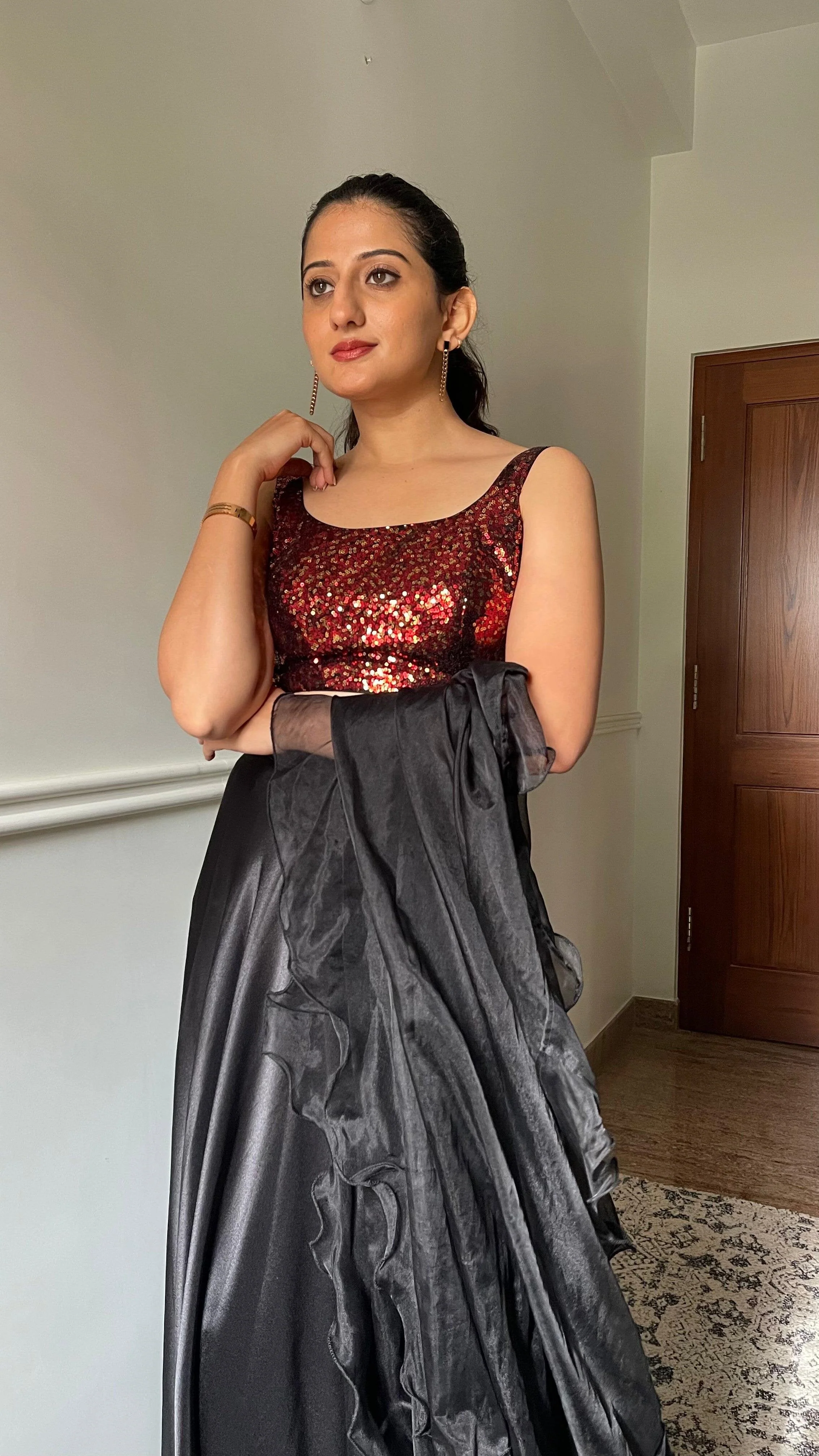 Sheela x Tyohaar | Sleeveless Black & Red Sequined Shimmer Saree Blouse with Round Neck - Image 12